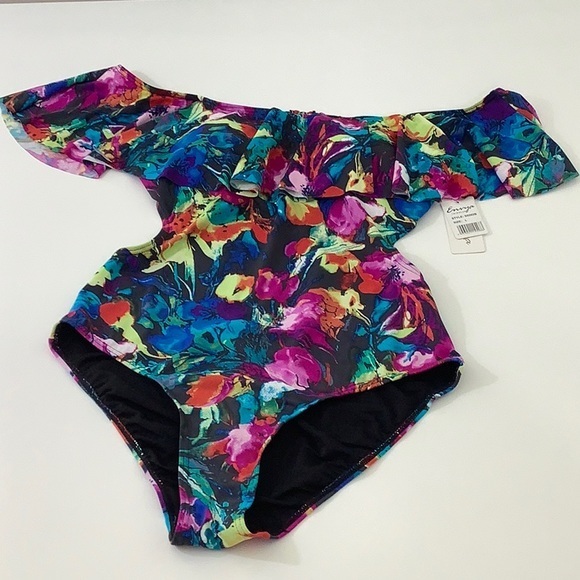 Envya swimwear off the shoulder ruffle one piece multi color swimsuit size L NWT - Picture 8 of 16